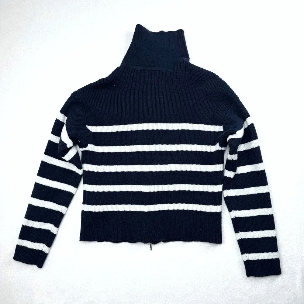 Hollister Women Navy White Striped Ribbed Full Zip Mock Neck Sweater‎ Cardigan M